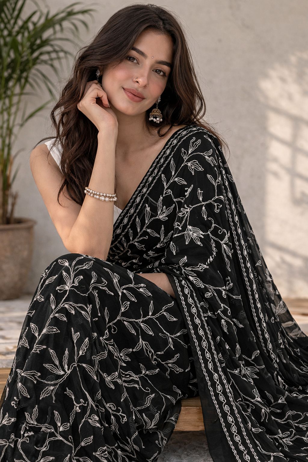 Onyx Chikankari Vine Saree — Bela