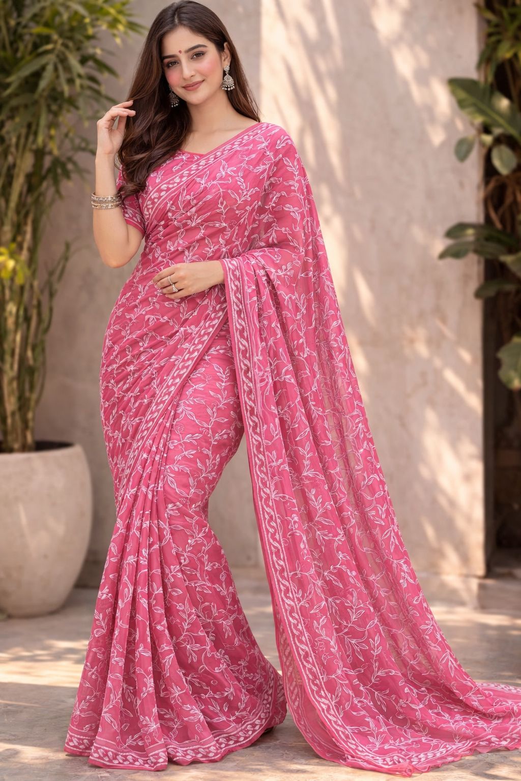 Blush Leaf-Print Chiffon Saree — Bela