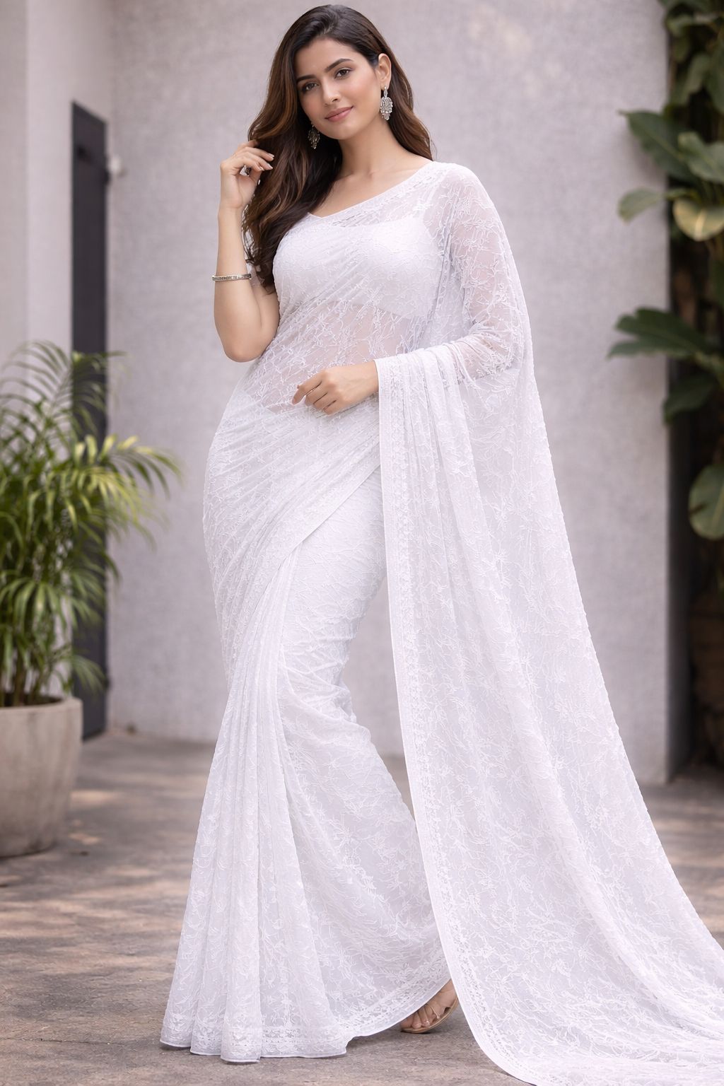 Ivory Chikankari Net Saree — Bela