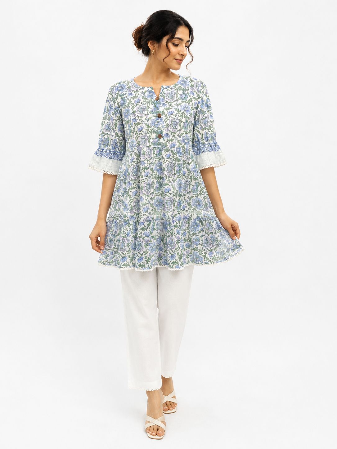 Blue Block-Print Tiered Tunic Set — Saheli