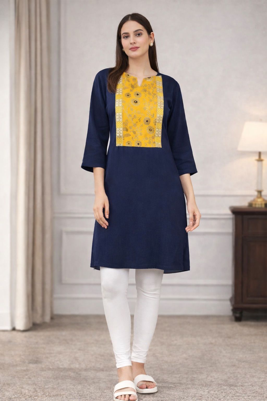 Navy Brocade-Yoke Georgette Kurti — Saheli