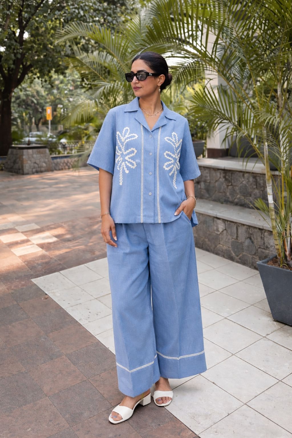 Sky Embroidered Camp Shirt & Trouser Set — SC Urban