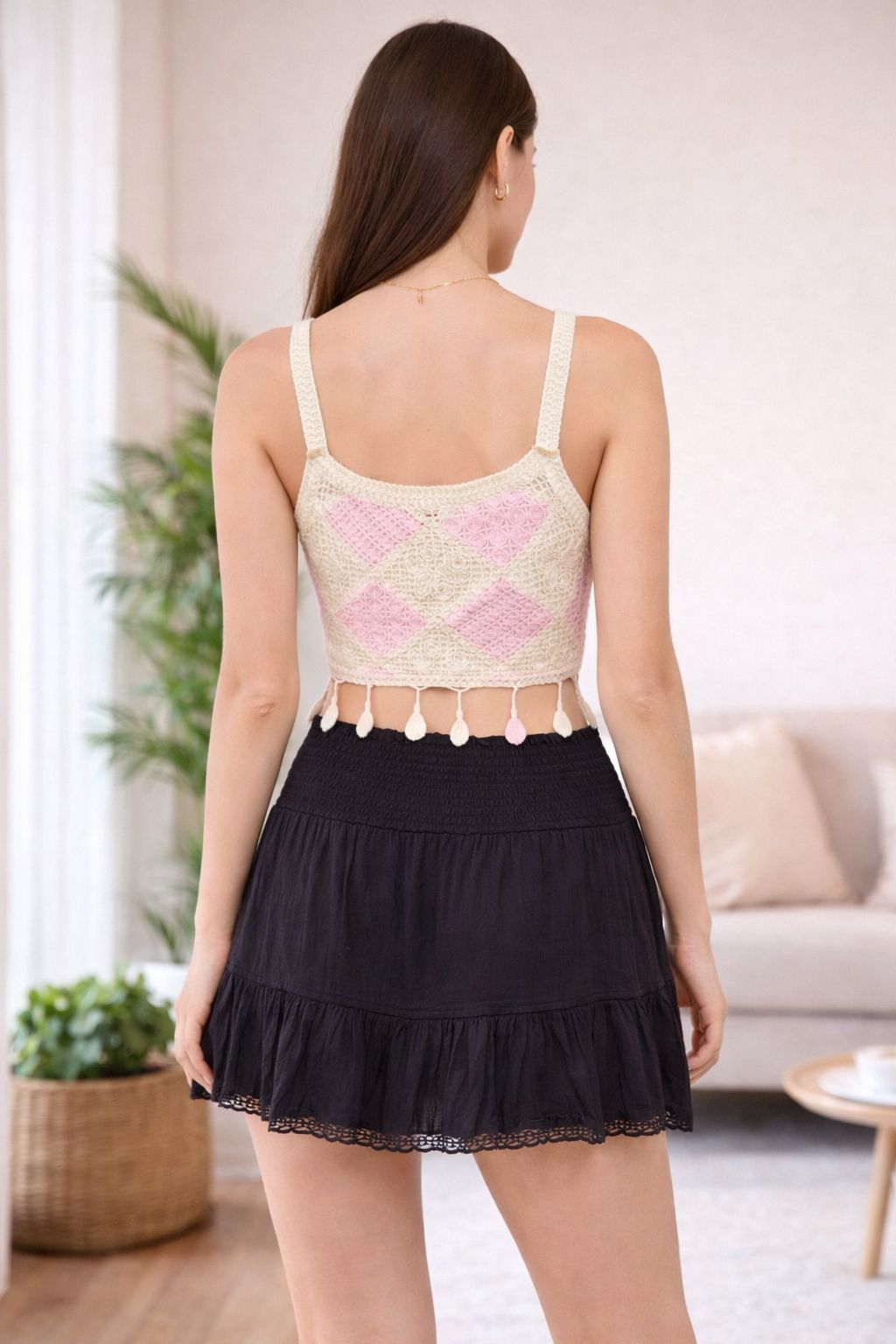 Pink Crochet Cami & Black Tiered Mini Set — SC Urban (view 2)