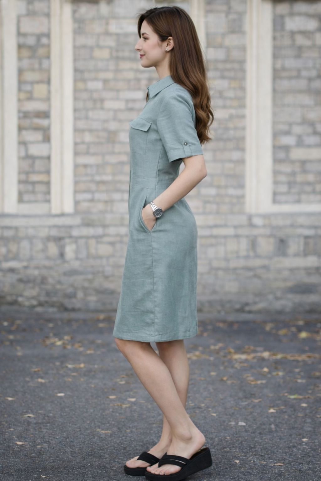 Sage Zip-Front Collared Shirt Dress — Zero Kiss (view 2)